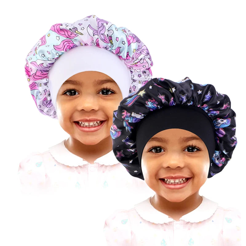 Cartoon Baby Kids Print Satin Bonnet Sleep Hat Cap for Curly Hair Adjustable Silky Satin Cap for Toddler Night Sleep Caps Beanie