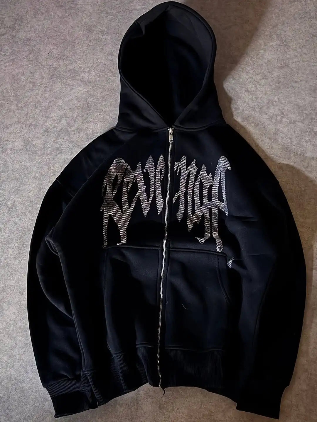 Rhinestone Gothic Hoodie Unisex Black Zip Up Sweatshirt Crystal Filled Letter Print Red White Color Men Streetwear Hip Hop Top