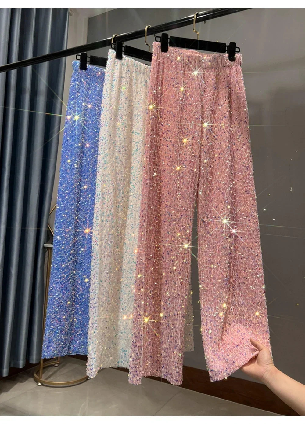 Korean Sequins Autumn And Winter Wide-leg Pants Lengthened And Thickened Drapey Mopping Pants Shiny Casual Straight-leg Pants