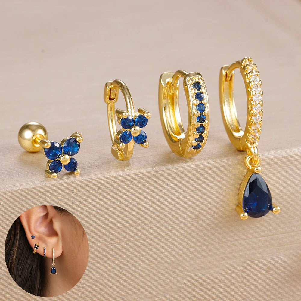 4pcs Stainless Steel Zircon Water Drop Earrings Set