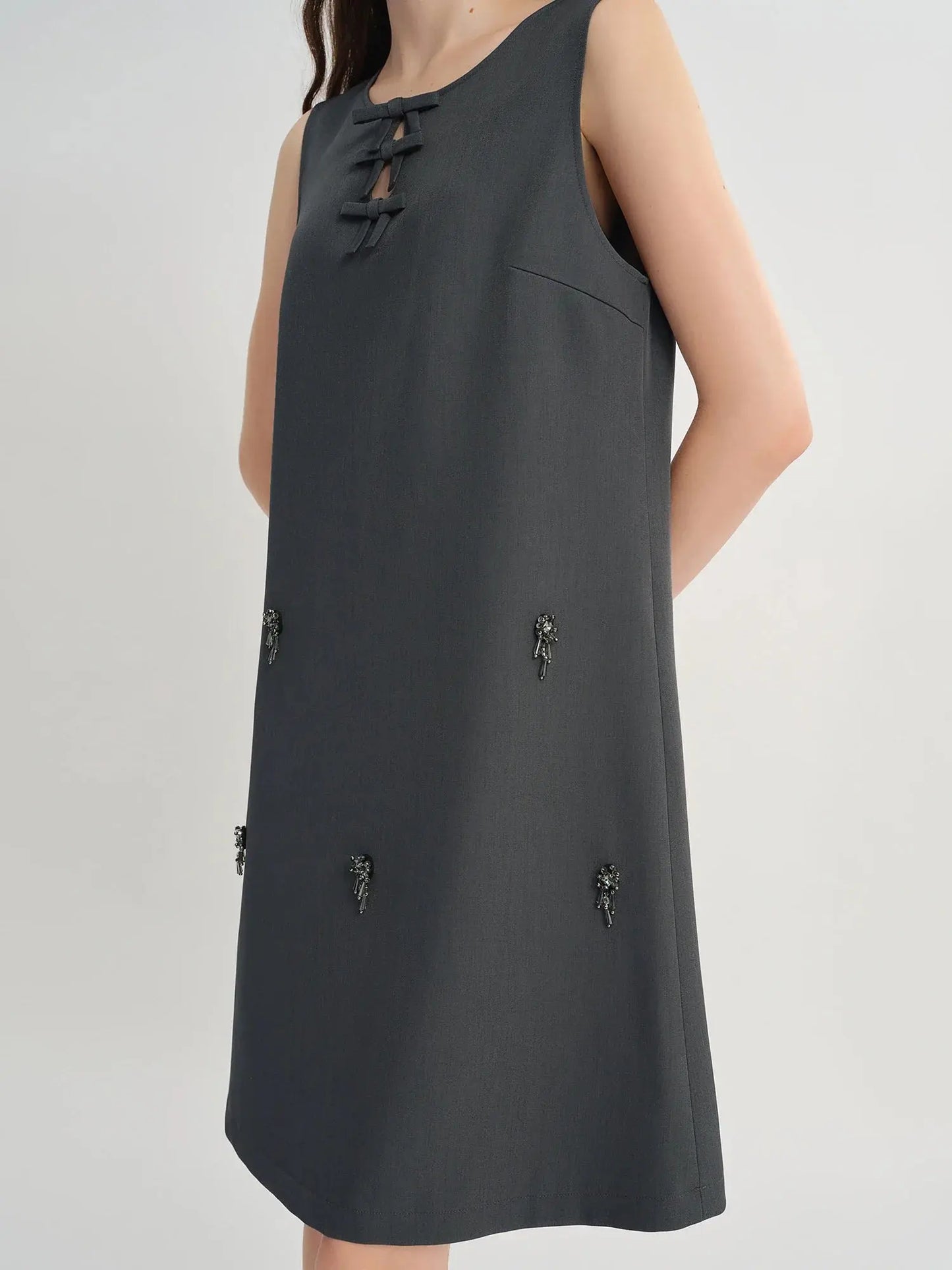 Embellished Beaded Tank Dress with Bow Accent for Fall