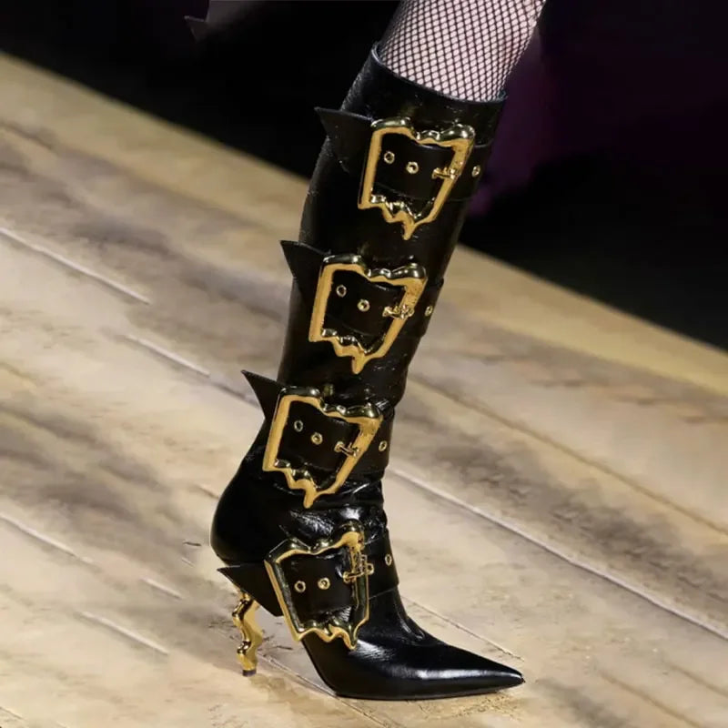 Gold Beltbuckle Decorative Sidezipper Kneehigh Boots Women's Metal High-heeled Versatile Banquet Boots