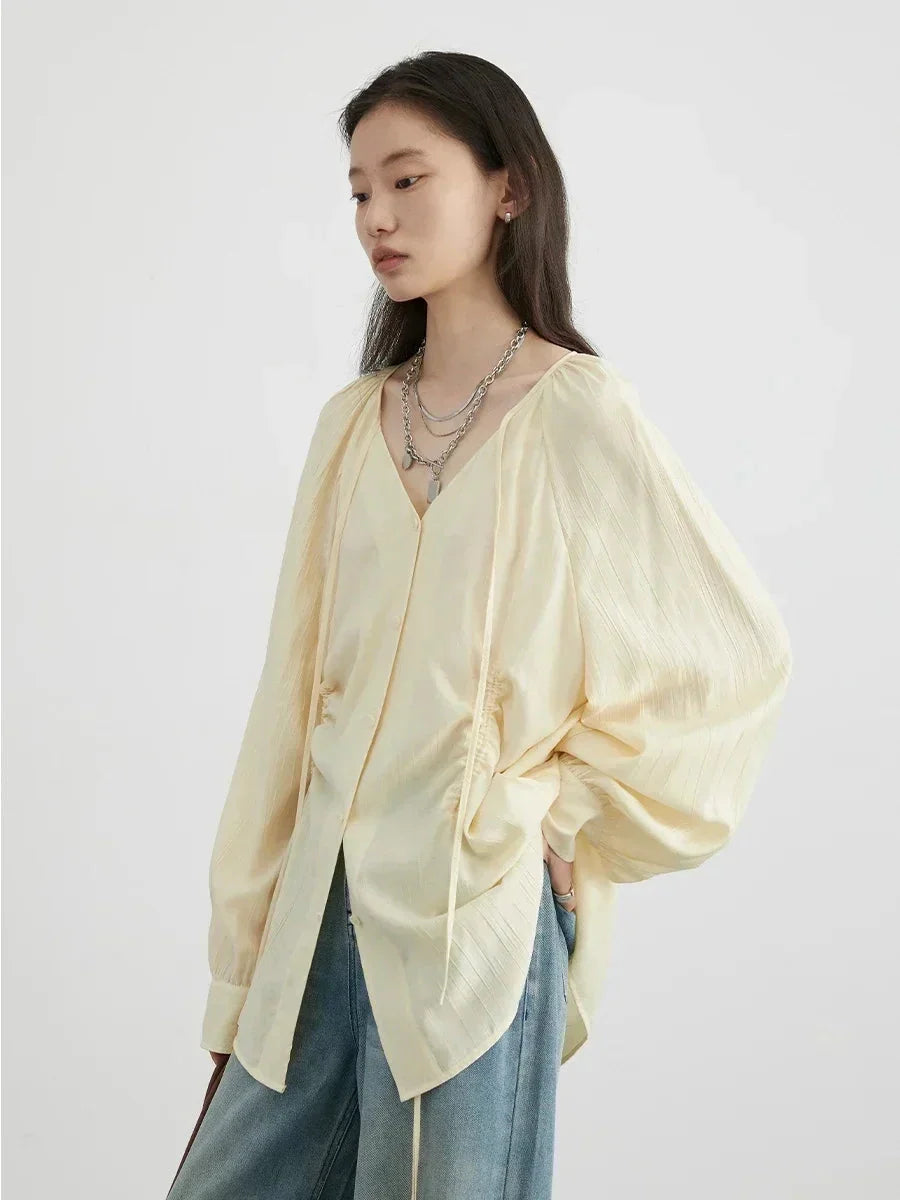 Women’s V-Neck Lace-Up Blouse Loose Pleated Spring Top