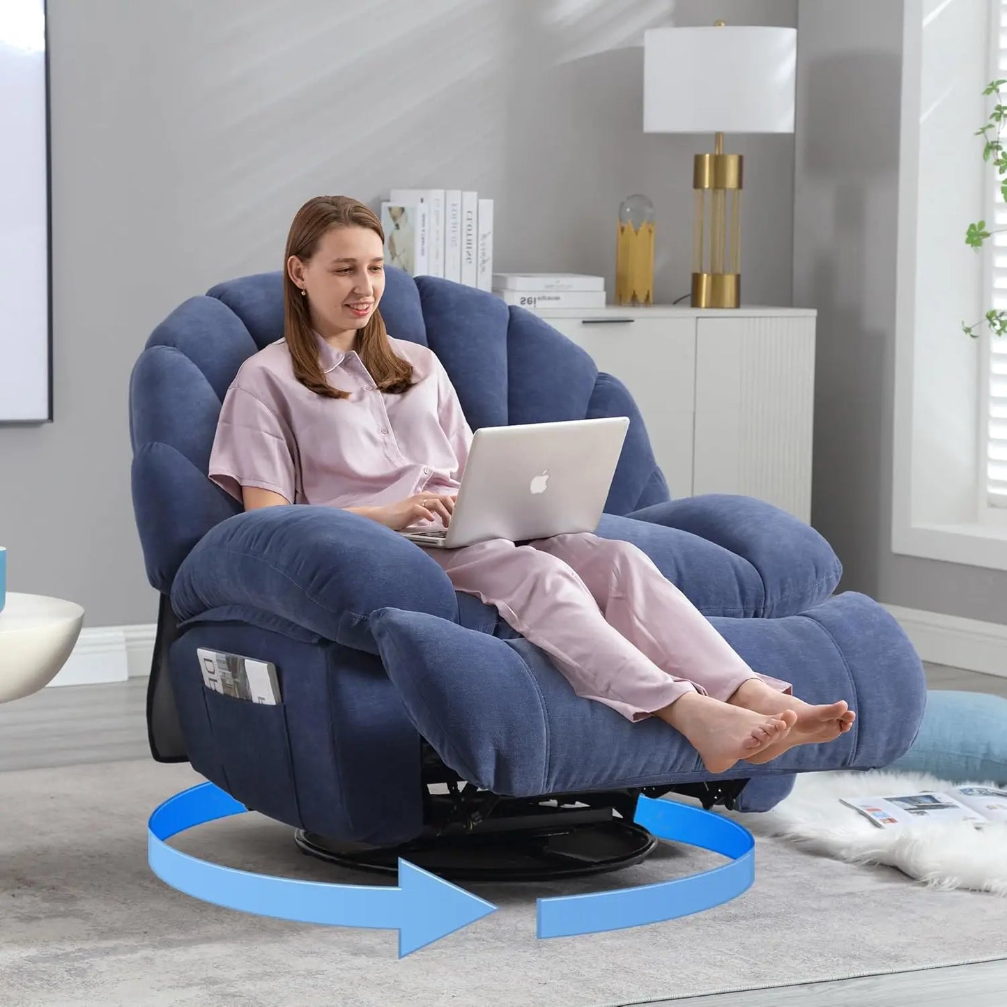 Shell Swivel Rocker Recliner Chair 360 Manual Big Tall Sofa Storage Pocket Living Bedroom Small Pink, Customized