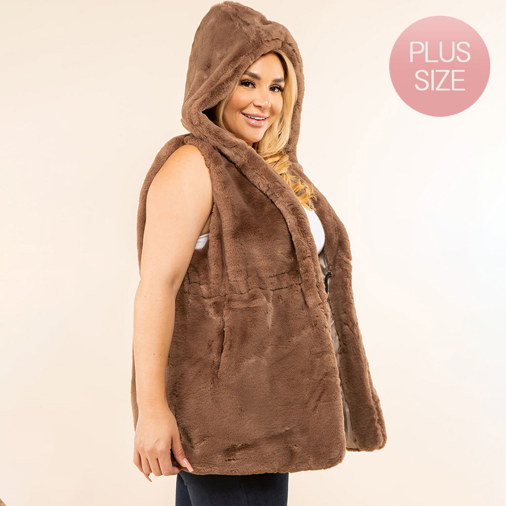 Plus Size Faux Fur Hooded Vest