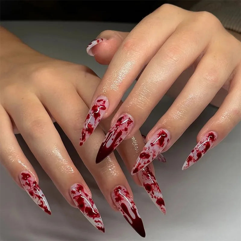 Black Halloween Nails Press on Stiletto Fake Nails Spider Web Designs Long Coffin Ballerina Wearable False Nail for Women 24Pcs