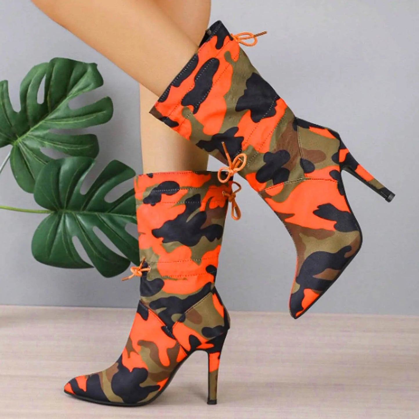 Sexy High Heels For Women Fashion Pointed Toe Stiletto Printed Ankle Boots Elastic Adjustable Strap High Heeled Boots For Women
