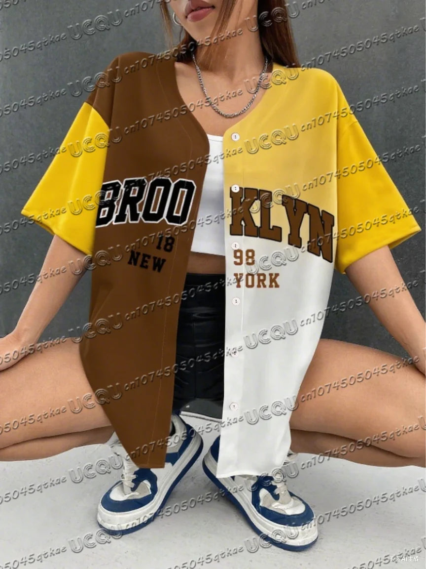 Summer Women's Baseball Jersey Brooklyn Button T-shirt Jersey Men's Short Sleeve Casual Button Streetwear Sport Top