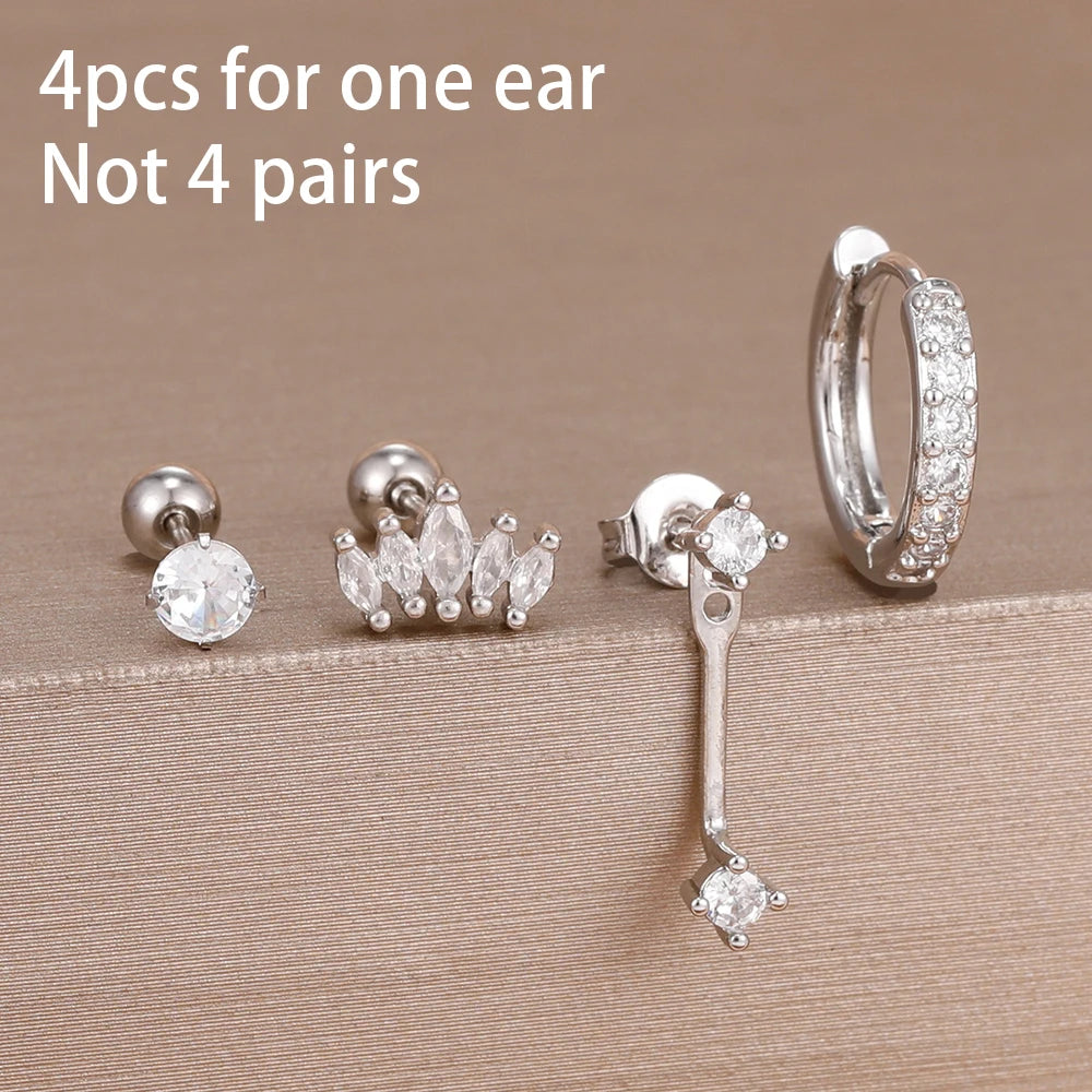 4pcs Stainless Steel Zircon Water Drop Earrings Set