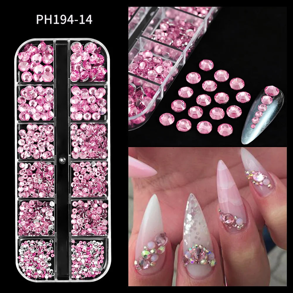 12Grids Sparkle Rose Red Crystal Rhinestones Nail Art Mixed Shape Diamonds Nail Charms Pink Blue Green AB Flatback Nail Ornament
