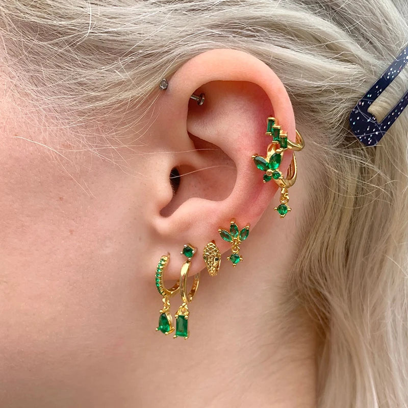 925 Sterling Silver Ear Needle Green Zircon Stud Earrings for Women Luxury Long Chain Geometric Gold Earrings Fashion Jewelry