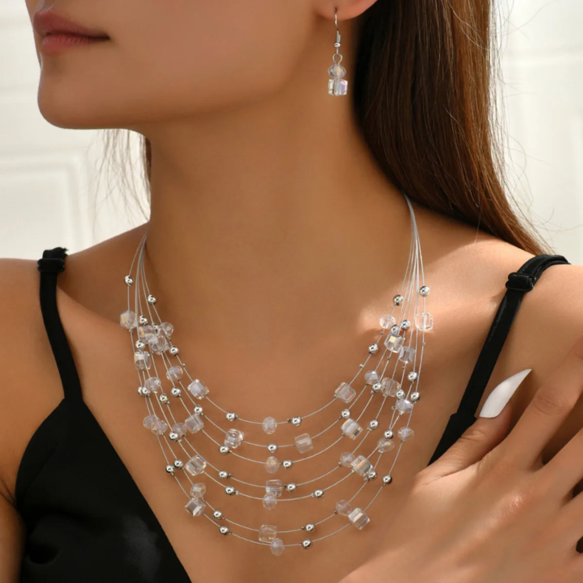 Multilayer Natural Stone Ethnic Necklace Earrings Set