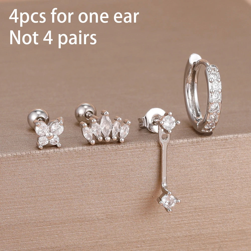 4pcs Stainless Steel Zircon Water Drop Earrings Set