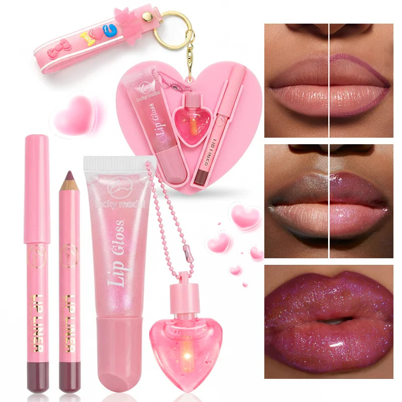 Two Color Lipstick And Lipliner Key Chain Shiny Makeup Set To Create Exquisite Lip Makeup Valentine's Day Gift