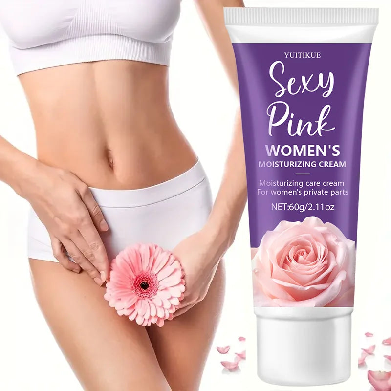 YUITIKUE Sexy Pink Women's Moisturizing Cream with a woman holding a pink flower.