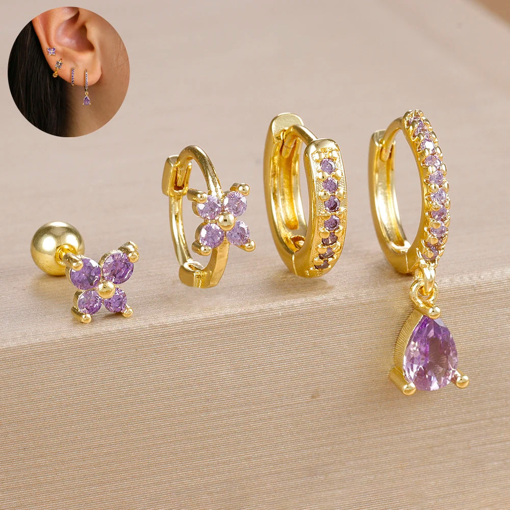 4pcs Stainless Steel Zircon Water Drop Earrings Set