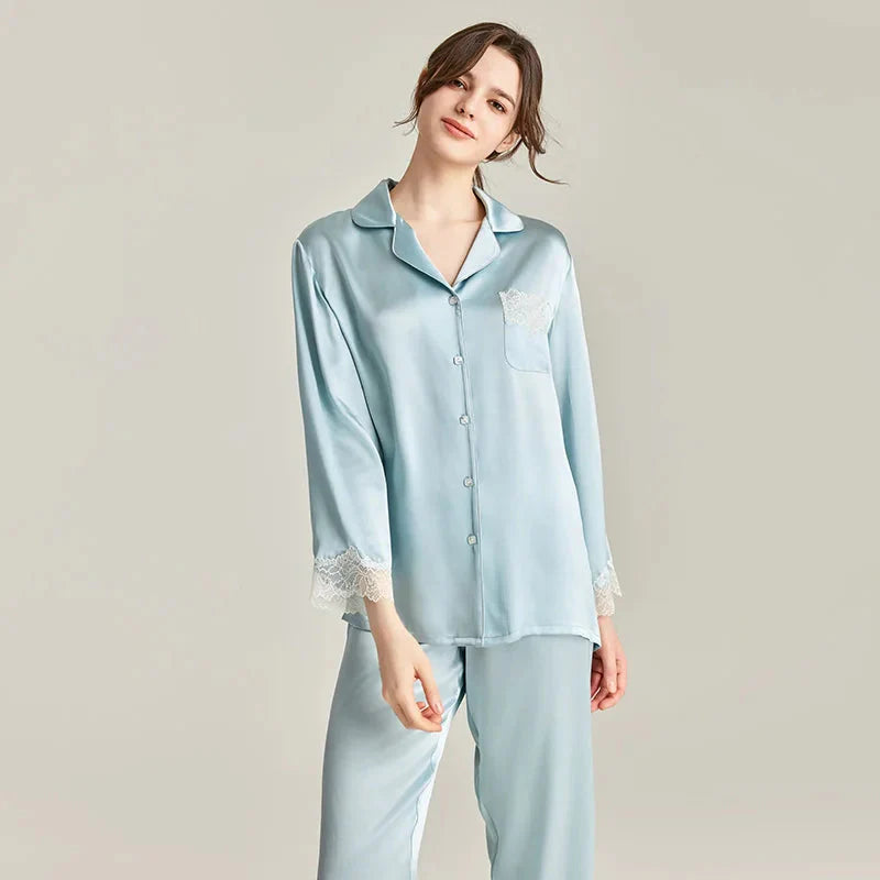 100% Real Silk Pajamas Set with Lace Trim Women's Sleepwear