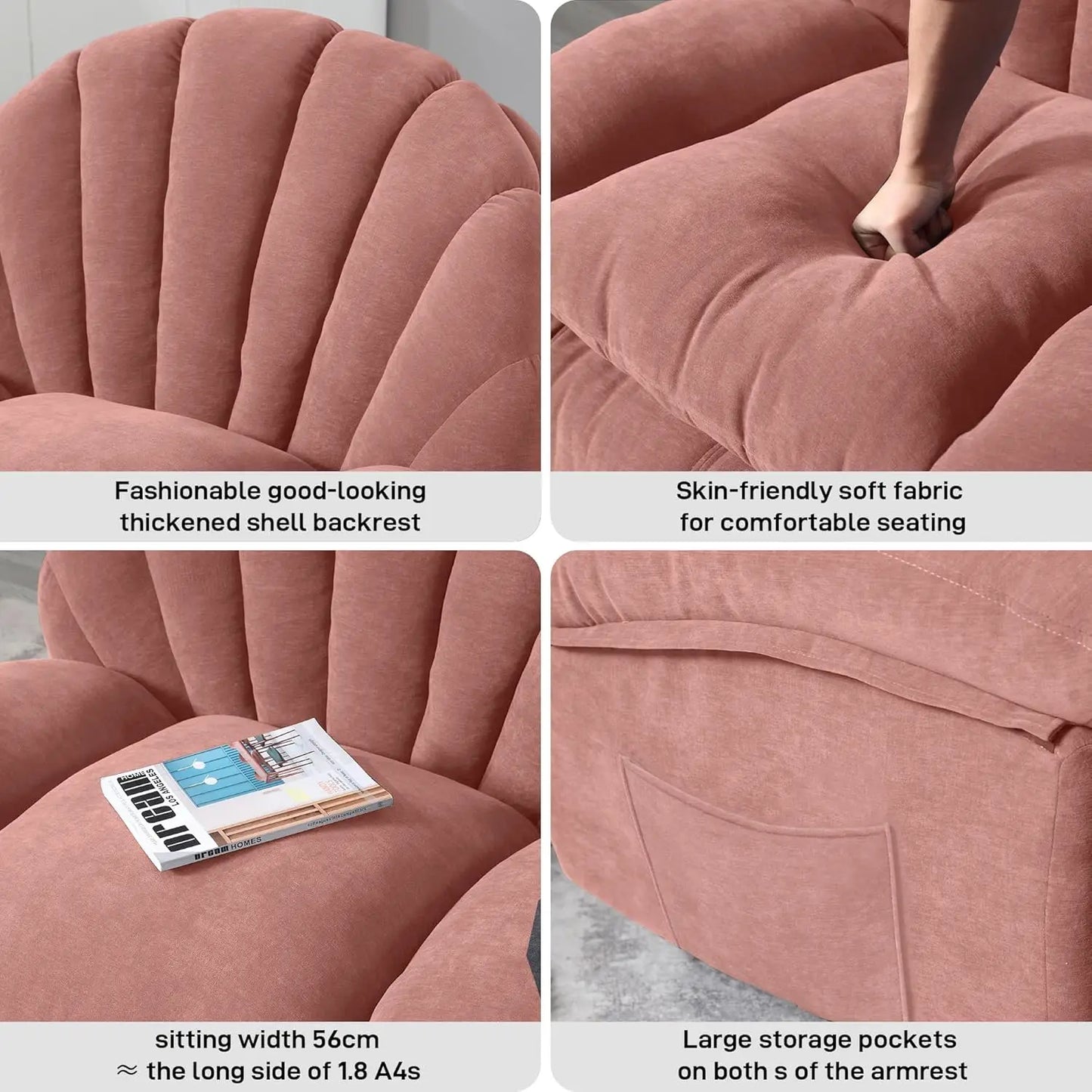 Shell Swivel Rocker Recliner Chair 360 Manual Big Tall Sofa Storage Pocket Living Bedroom Small Pink, Customized