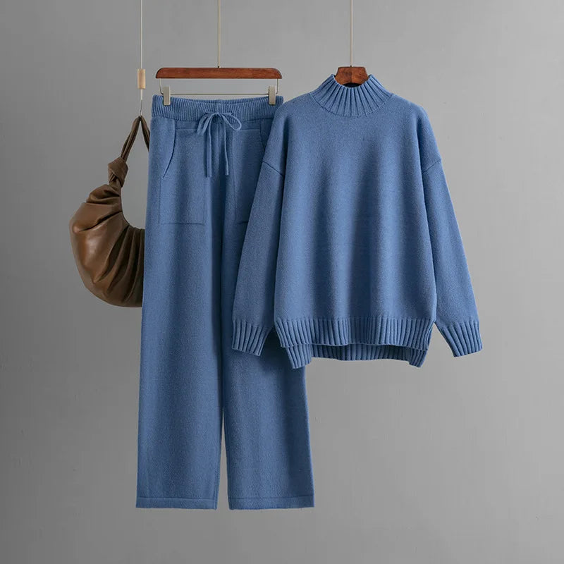 Winter Thick Knitted 2 Piece Sets Women Half Turtleneck Knitwears Sweater Pullover Tops Conjuntos High Waist Sweatpants Outfit