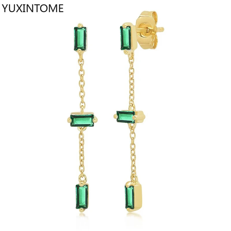 925 Sterling Silver Ear Needle Green Zircon Stud Earrings for Women Luxury Long Chain Geometric Gold Earrings Fashion Jewelry