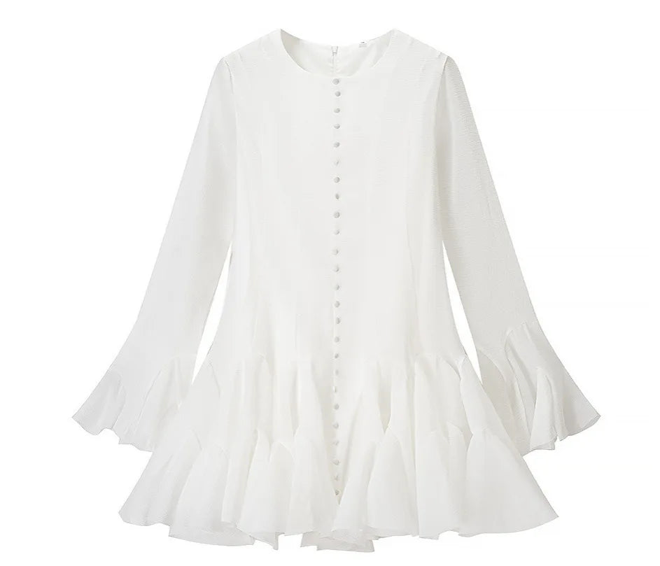 Women's Fashion Ruffled Hem Patchwork Short Dress Blush Pink Ruffled Mini Dress For Women Sleeves Front Button Hem Fashion T0PU