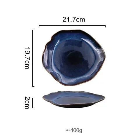 Ceramic Plates Deep Blue Irregular Flat Plate Pottery Dish Household Decoration Tableware Dinnerware Tray Hotel Kitchen Supplies