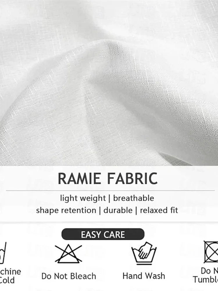 Close-up of ramie fabric with text describing its properties and care instructions.