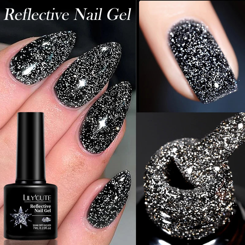 LILYCUTE 7ml Neon Reflective Nail Gel Polish Dark Flash Glitter Effect Fluorescent Gel Soak Off UV Gel Summer Nail Art Varnish