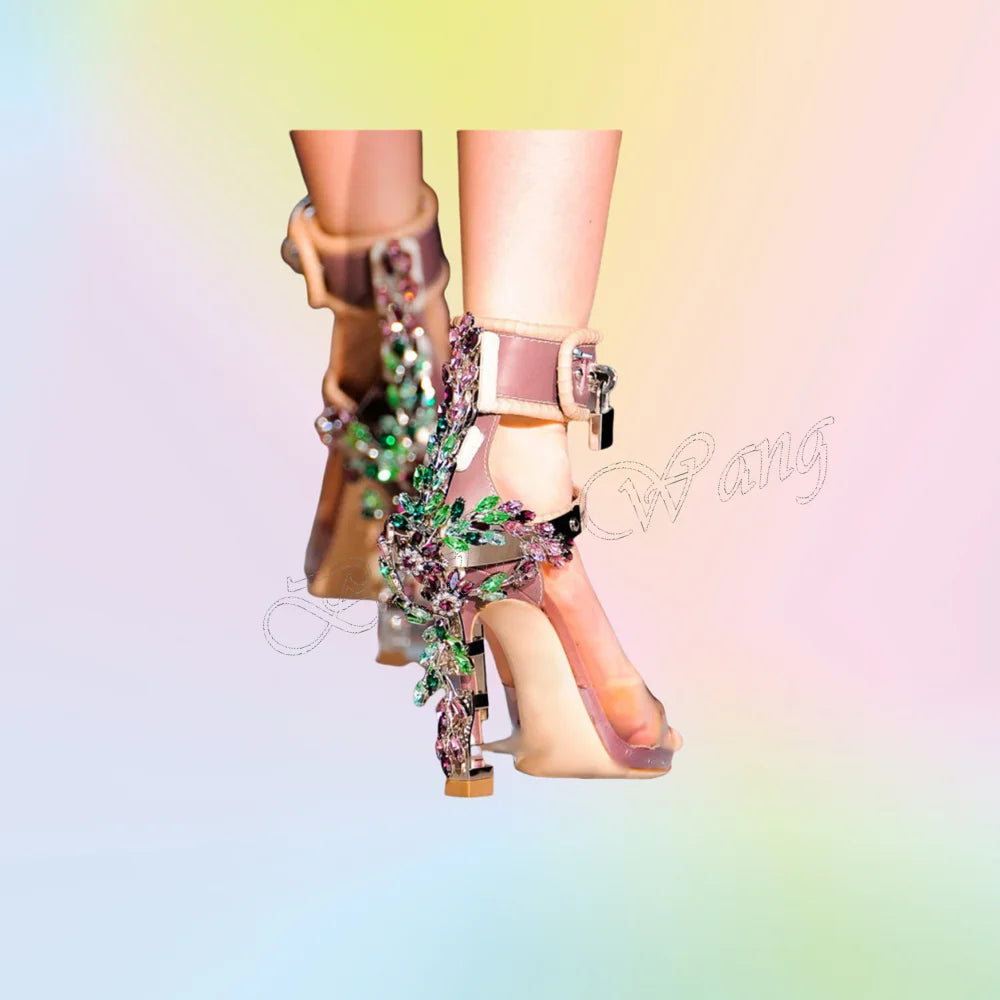 Crystal Sandals Runway Style Metal PVC Round Toe High Heel Shoes