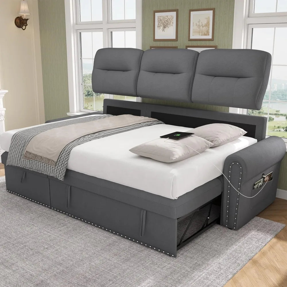 Sleeper Sofa Bed, 87'' Sectional Couch with Reversible Storage Chaise & Nailhead Armrest, Pull Out Couches for Living Room