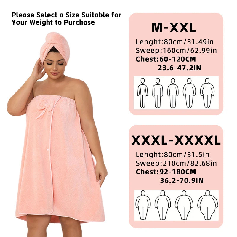 Set of 2, 80*210cm/80*160cm, 350GSM, Extra-Large Bath Skirt + Princess Shower Cap, Adjustable Wearable Towel Skirt with Suitable