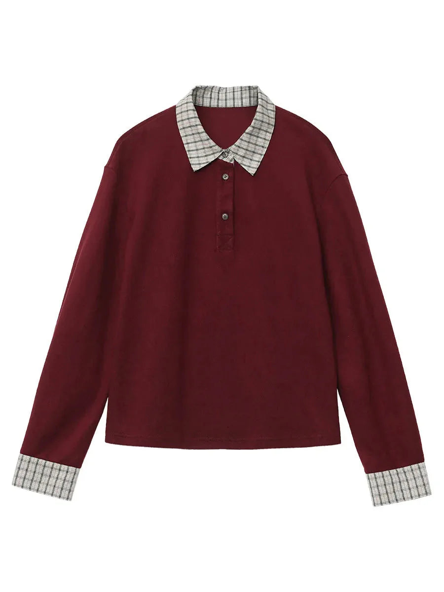 Color Block Plaid T-Shirt  Loose Casual Long Sleeve