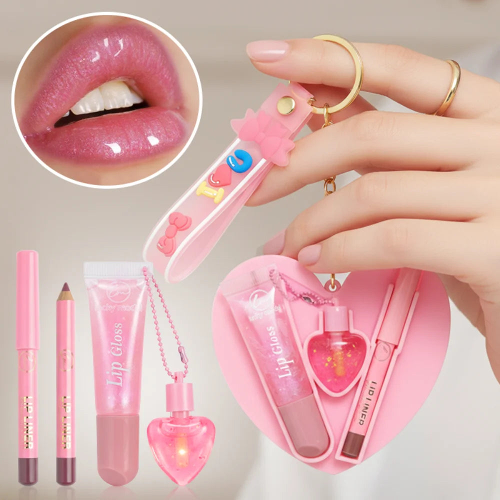 Two Color Lipstick And Lipliner Key Chain Shiny Makeup Set To Create Exquisite Lip Makeup Valentine's Day Gift