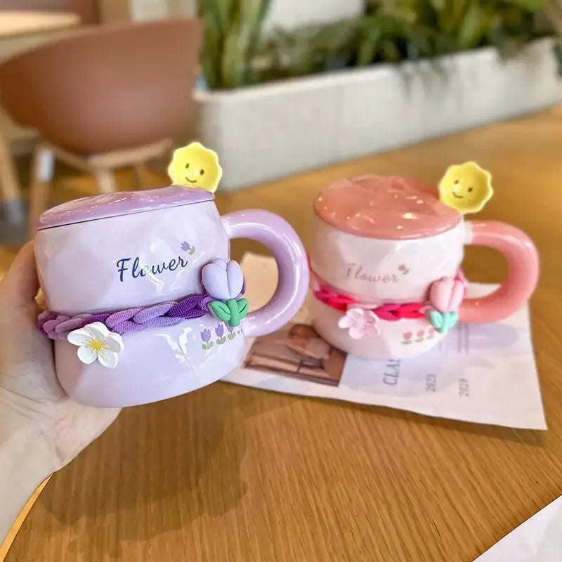 390ML Hand-Painted Flower Tea Cup Ceramic Mug Lid with Spoon Office Drinkware Cups Tea Coffee Milk Juice Bottle Creative Gift
