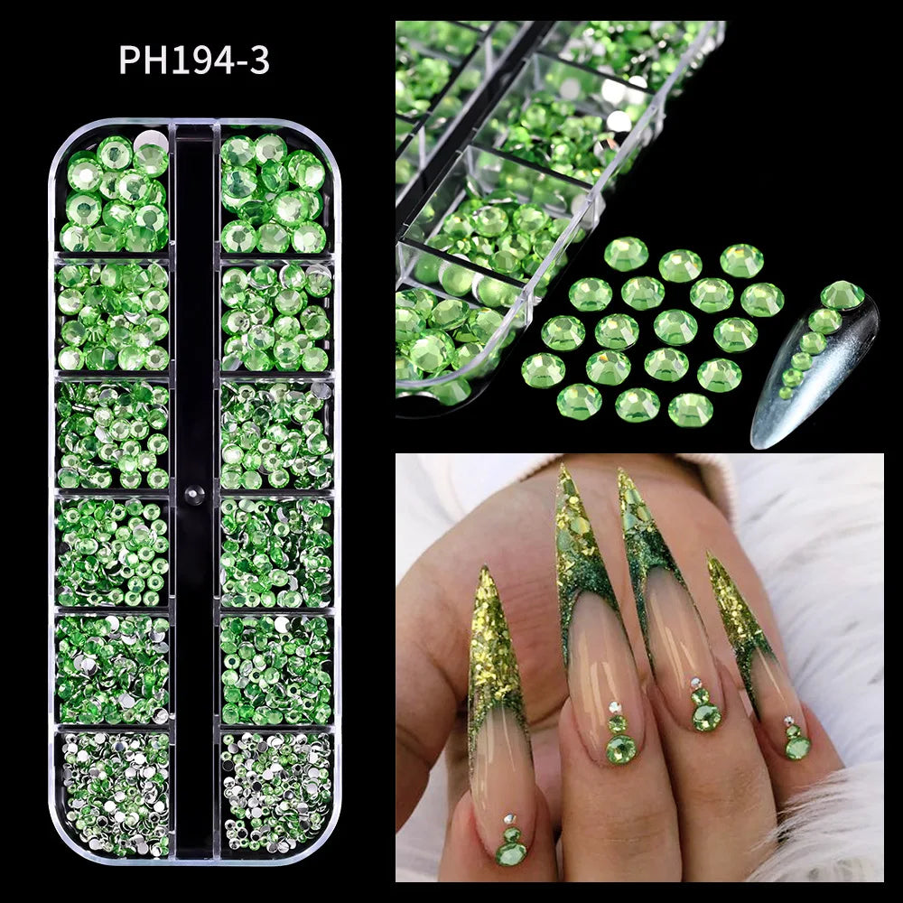 12Grids Sparkle Rose Red Crystal Rhinestones Nail Art Mixed Shape Diamonds Nail Charms Pink Blue Green AB Flatback Nail Ornament
