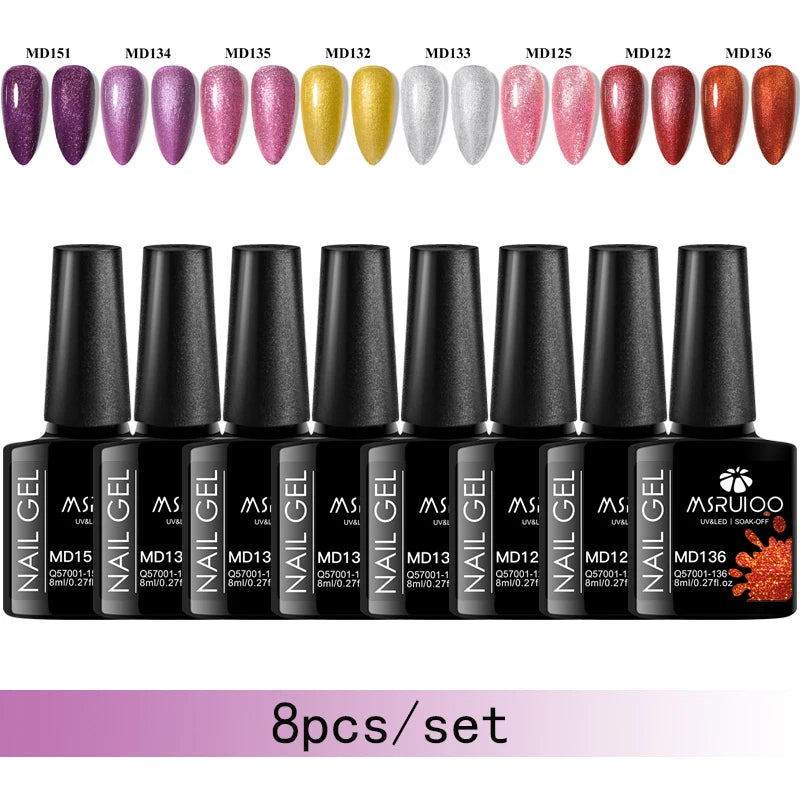MSRUIOO 8pc Gel Nail Polish Kits Summer Colorful Semi Permanent UV LED Gel Polish Set Glitter Nail Art Varnish Design Manicure