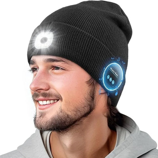Bluetooth Beanie - Night Run Marathon Night Fishing Bluetooth LED Light Warm Cap USB Rechargeable Music Knitted Cap 3 Gear Light Adjustment Cap