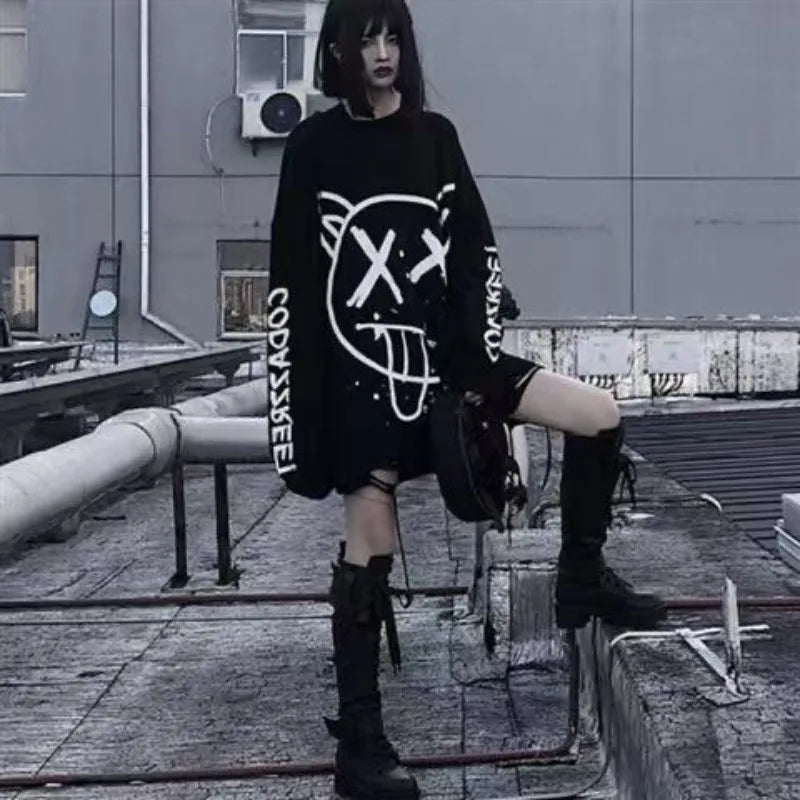 Graffiti Grimace Print Long Sleeve Loose Hoodie