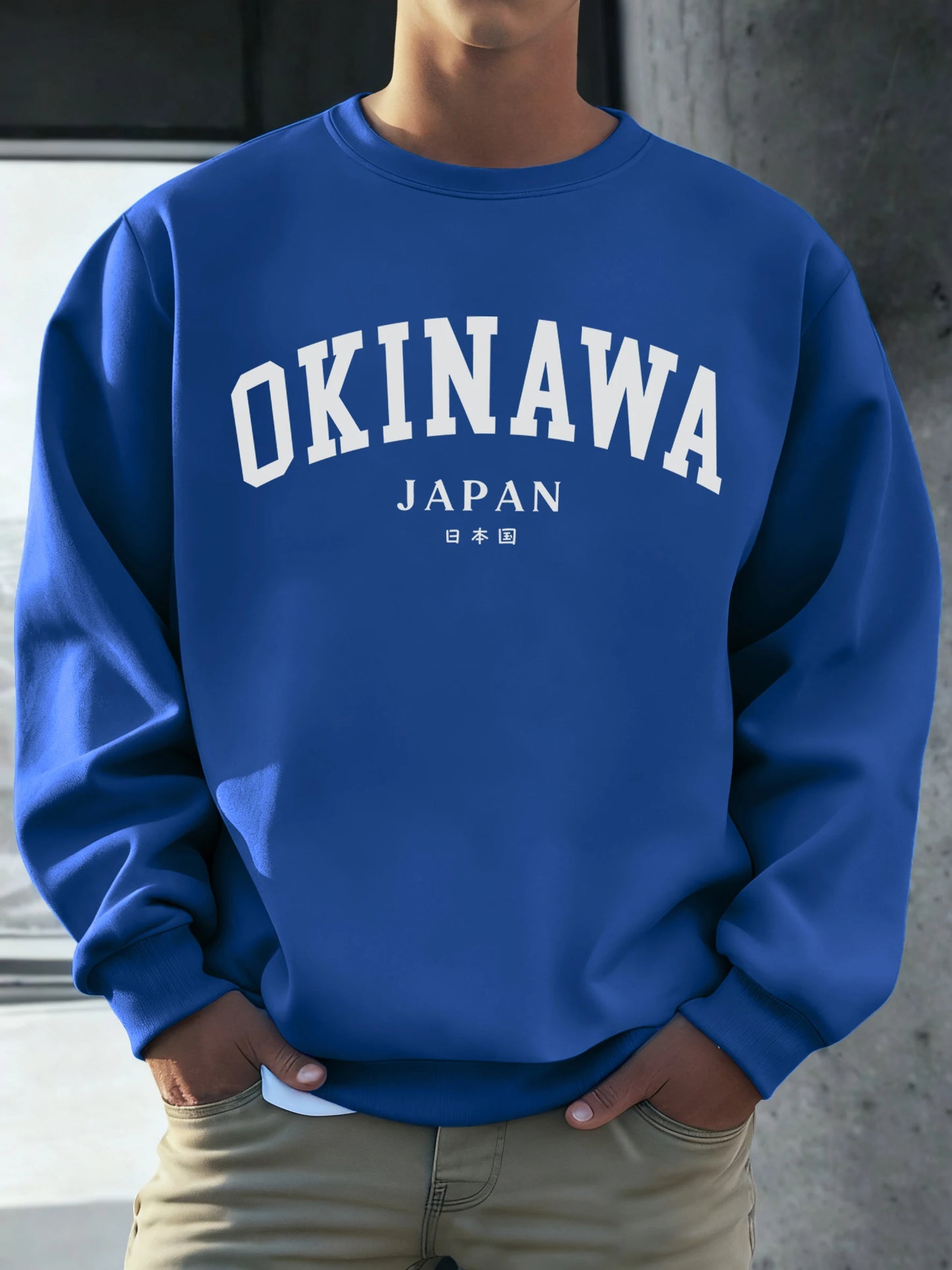 Okinawa Japan Letter Printed Male Sweatshirt Hip Hop Simple Long Sleeve Fleece Trendy Pullovers Unisex Loose All-Match Clothes