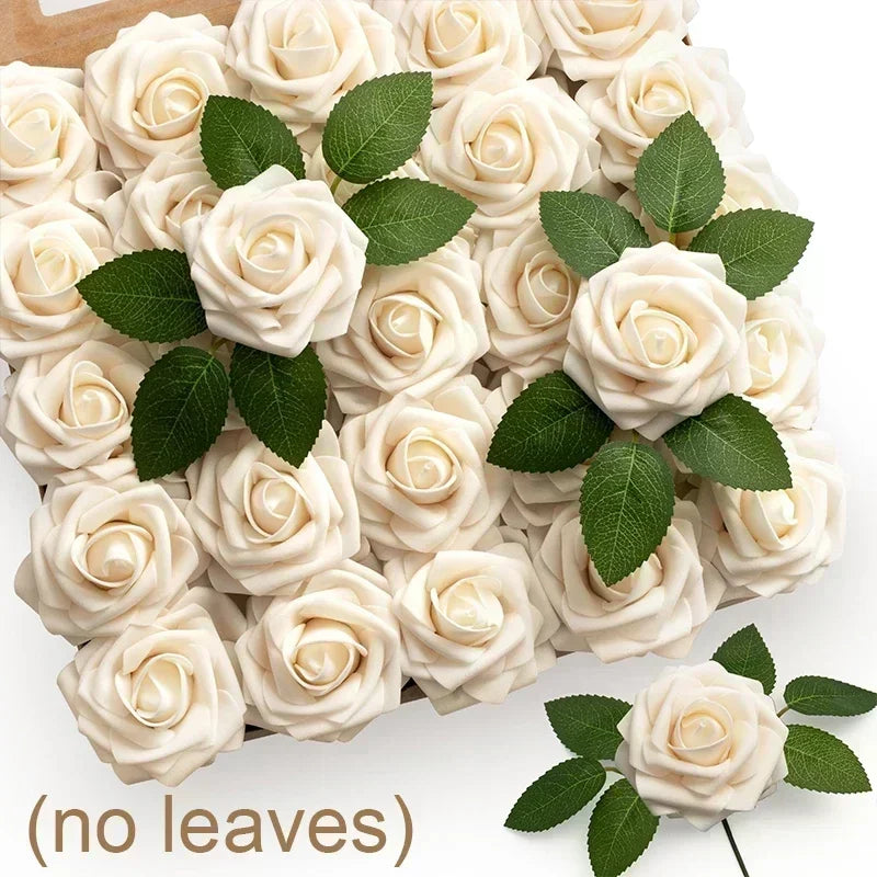50/5Pcs Artificial Roses Flowers Foam Fake Rose Heads With Stems For DIY Wedding Bouquets Home Party Tables Decorations Supplies