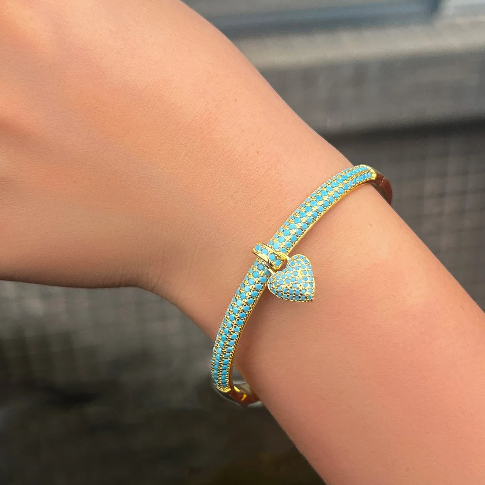 ThreeGraces Elegant Light Blue Cubic Zirconia Gold Color Small Heart Charm Luxury Open Cuff Bangle for Women Party Jewelry B080