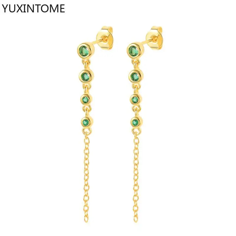 925 Sterling Silver Ear Needle Green Zircon Stud Earrings for Women Luxury Long Chain Geometric Gold Earrings Fashion Jewelry