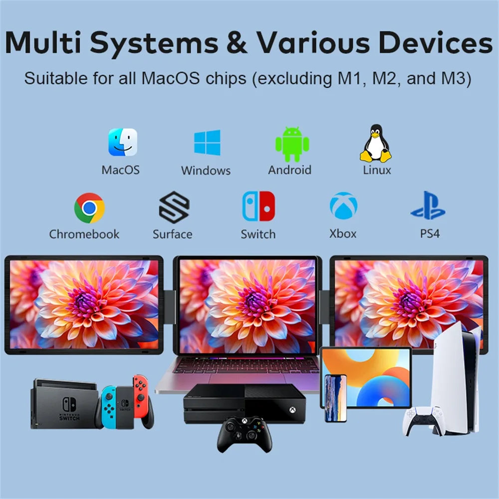 Rospider 16" 2.5K Portable Tri-Screen Monitor for 12-16.5" Laptop, Detachable Triple Screen Extender, 2560x1600 QHD IPS Display