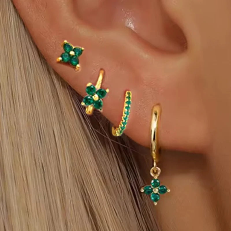 4Pcs Green Huggie Hoop Earring Set