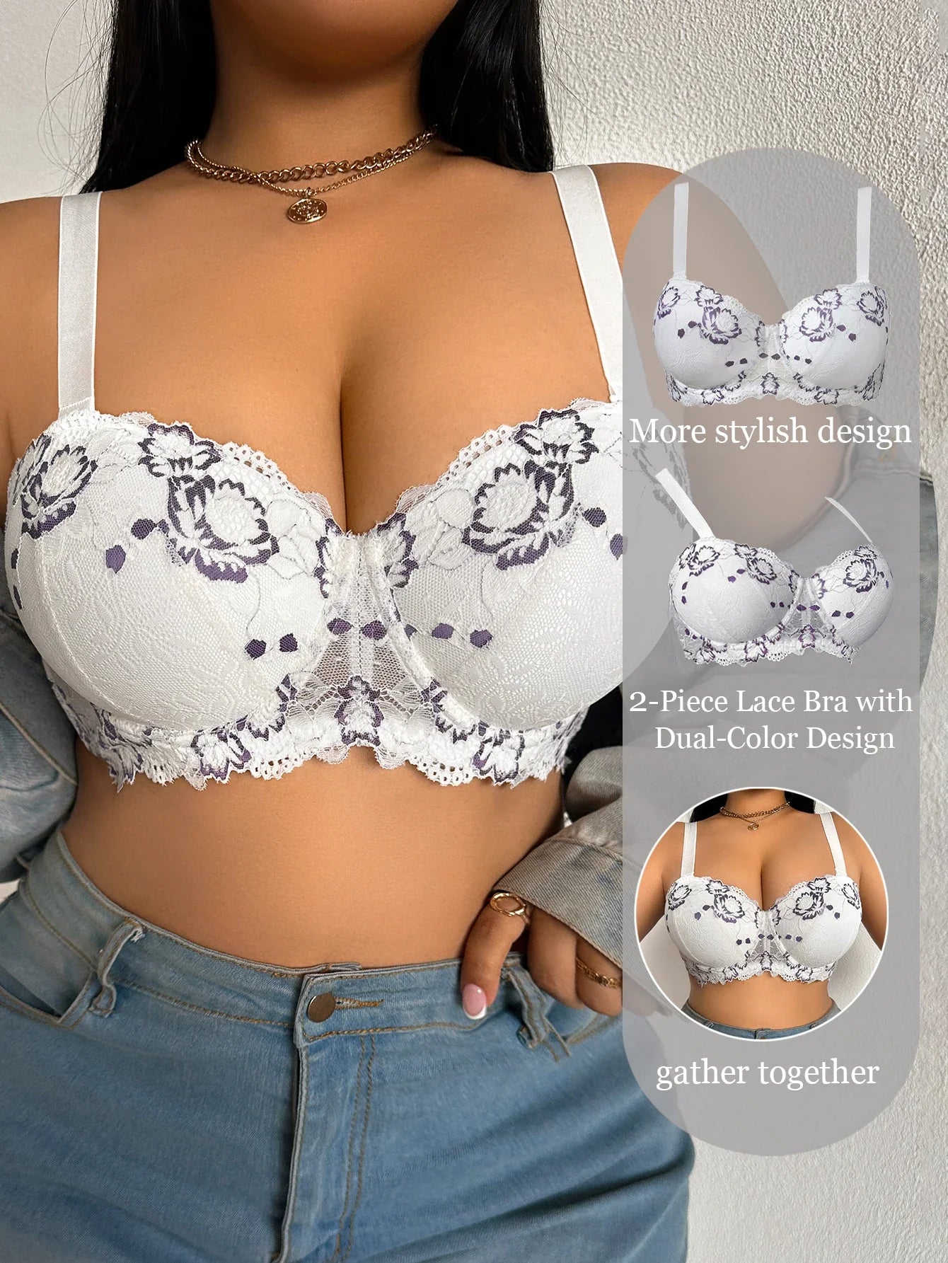 Daily Wide Strap Plus Size Women Bra Lace & Embroidery Push up Bra Comfort Thin Cup Underwire Support Lingerie Bra