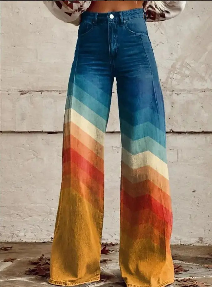 Retro Vintage Boho 1970s Pants Wide Legged Pants Hippie Disco High Waist Floral Faux Jeans Style Women's Festival Retro Pants