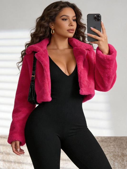 Women’s Hot Pink Faux Fur Crop Jacket,Romantic Soft Cropped Coat for Dates,Weddings & Holiday Parties