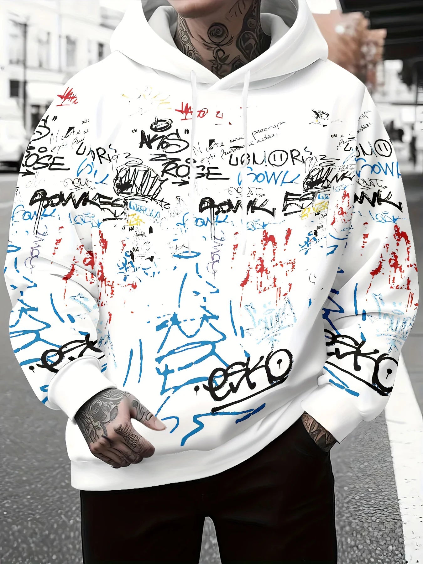 Fashionable men's autumn personalized letter graffiti print soft and comfortable hooded sweatshirt outdoor urban high street to