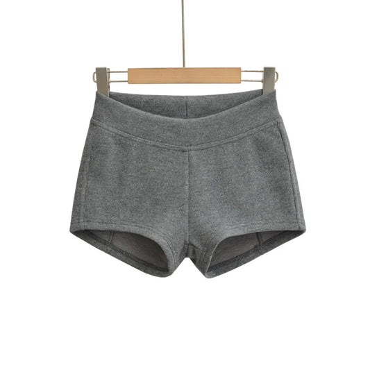 Gray Ribbed Knit Shorts For Women High Elastic Waist Soft Fabric Relaxed Fit Style For Casual Daily Stylish Under Shorts XK6F