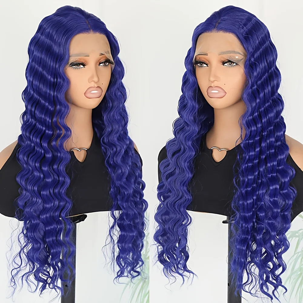 Long Blue Color 13x4 Lace Frontal Wigs Deep Wavy Hair Pre Plucked Natural Hairline Curly Wave Glueless Heat Resistant Synthetic
